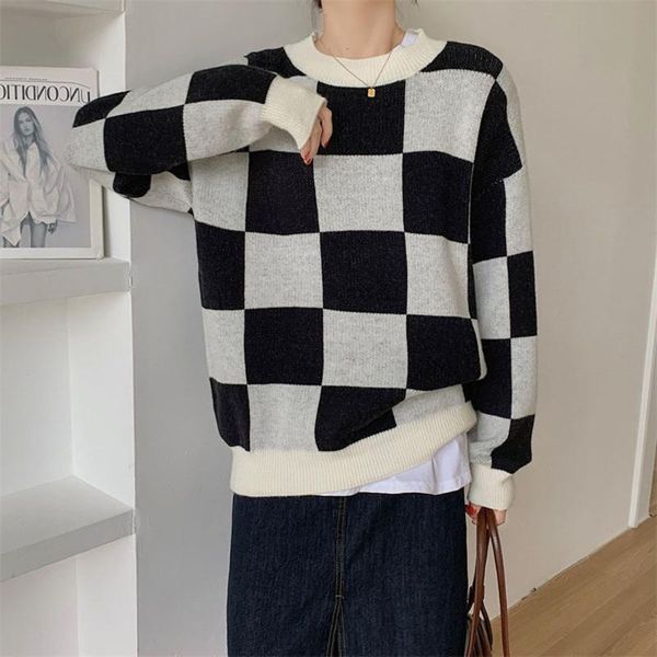 women's sweaters winter french classic checkerboard knitted sweater simple loose lazy wind pullover for women 2021 autumn, White;black
women's sweaters winter french classic checkerboard knitted sweater simple loose lazy wind pullover for women 2021 autumn, White;black