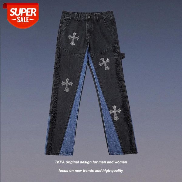 tkpa country street cross rhinestone straight overalls men and women punk style stitching jeans #wv3g, Blue
tkpa country street cross rhinestone straight overalls men and women punk style stitching jeans #wv3g, Blue
