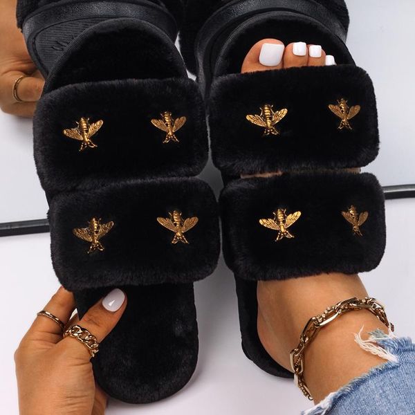 slippers women's gold metal insect fluffy faux fur slides flat sandals custom winter flip flops designer female shoes, Black
slippers women's gold metal insect fluffy faux fur slides flat sandals custom winter flip flops designer female shoes, Black