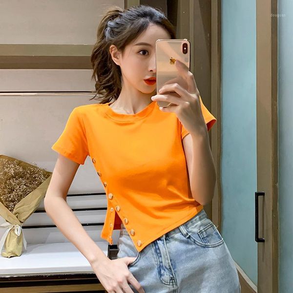women's t-shirt summer self-cultivation and versatile temperament single-breasted short-sleeved shirt irregular short women, White
women's t-shirt summer self-cultivation and versatile temperament single-breasted short-sleeved shirt irregular short women, White