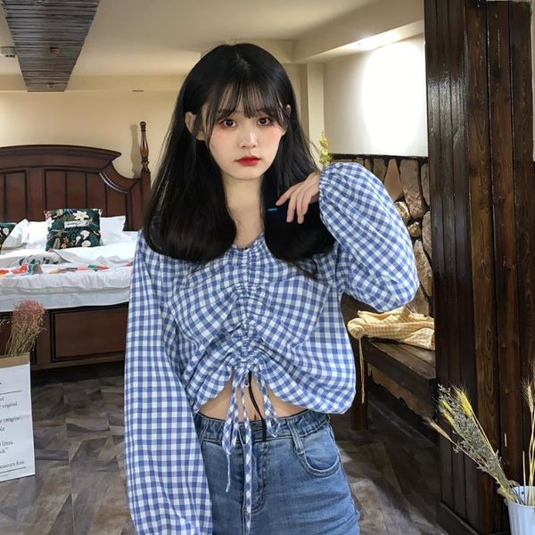 women's blouses & shirts women blouse spring drawstring navel cute loose plaid bubble long sleeve blusas ropa de mujer, White
women's blouses & shirts women blouse spring drawstring navel cute loose plaid bubble long sleeve blusas ropa de mujer, White