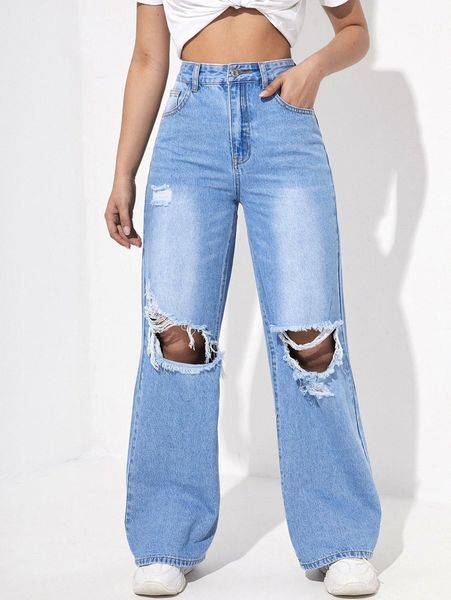 high waisted ripped wide leg jeans u0yt#, Blue