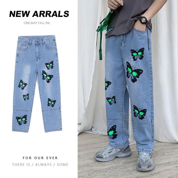 men's jeans teen butterfly graffiti print stitching pants loose straight casual wild fashion street hip-hop campus style, Blue
men's jeans teen butterfly graffiti print stitching pants loose straight casual wild fashion street hip-hop campus style, Blue