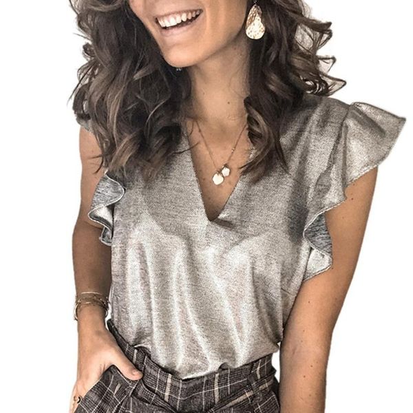 women's t-shirt v-neck design wrinkle flounced short sleeve slim fit, White
women's t-shirt v-neck design wrinkle flounced short sleeve slim fit, White