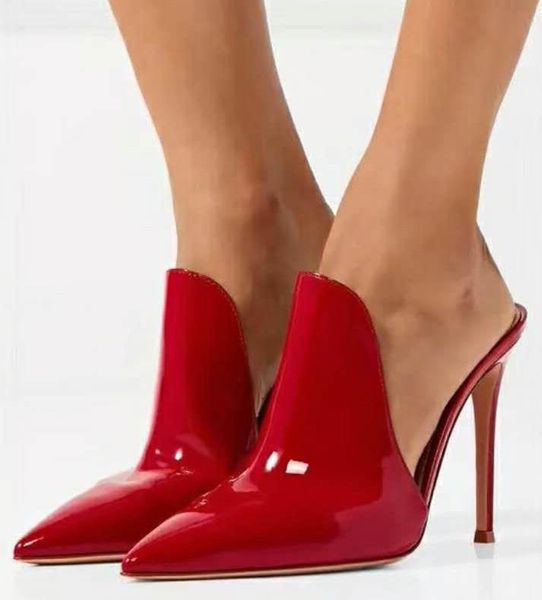 dress shoes chic red patent leather super thin high heels women slides pointed toe slippers summer party stiletto mules pumps, Black
dress shoes chic red patent leather super thin high heels women slides pointed toe slippers summer party stiletto mules pumps, Black