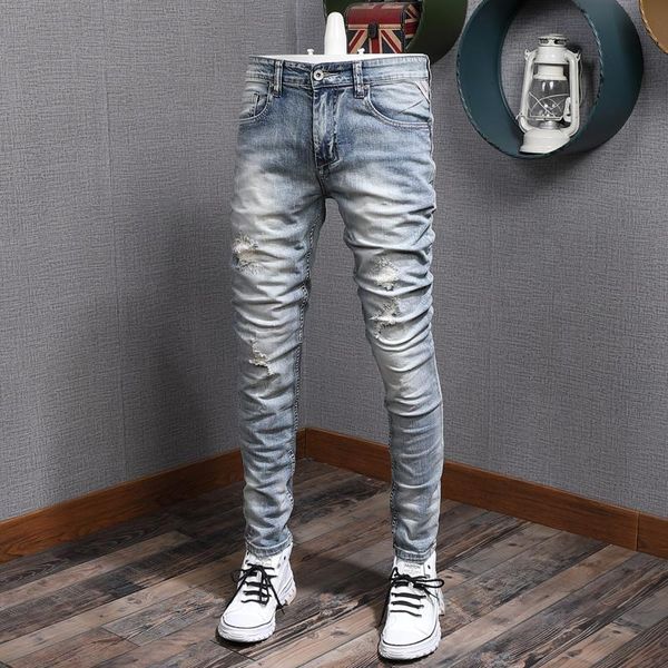 men's jeans european american vintage fashion men retro light blue elastic slim ripped patchwork designer casual denim pants
men's jeans european american vintage fashion men retro light blue elastic slim ripped patchwork designer casual denim pants