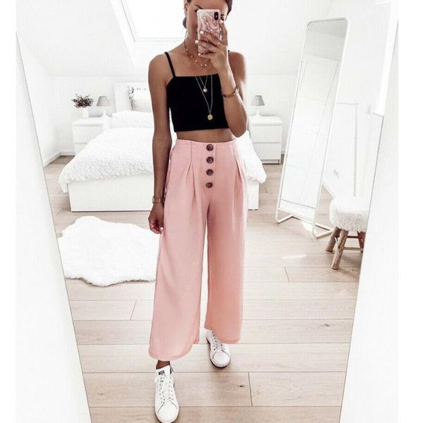 women's pants & capris womens loose wide leg female button high elastic waist straight fashion lady summer ankle-length trousers, Black;white
women's pants & capris womens loose wide leg female button high elastic waist straight fashion lady summer ankle-length trousers, Black;white