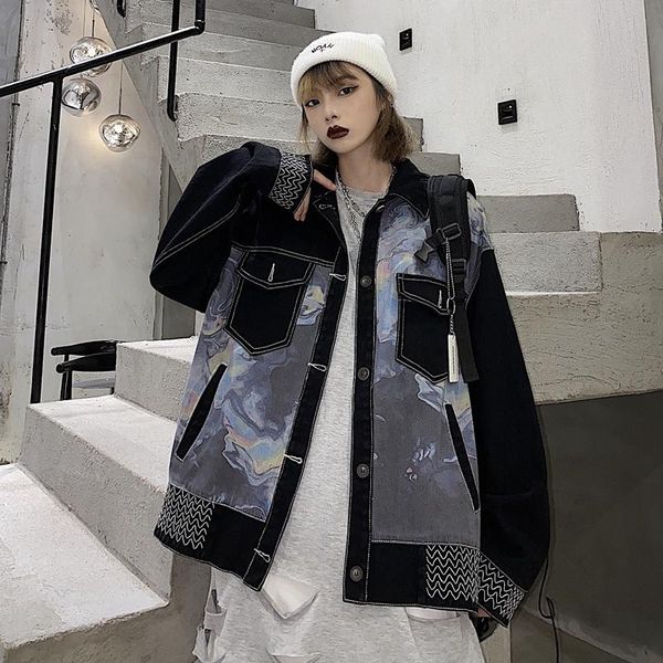 women's jackets 2021 spring autumn fashion loose large size long sleeve retro hip hop tooling printed denim jacket trend h164, Black;brown
women's jackets 2021 spring autumn fashion loose large size long sleeve retro hip hop tooling printed denim jacket trend h164, Black;brown