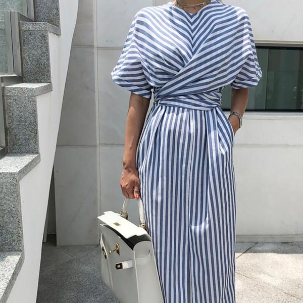 vestidos women maxi dress summer polyester blue striped dress bandage split fashion loose long dress women robe femme vestidos, Black;gray
vestidos women maxi dress summer polyester blue striped dress bandage split fashion loose long dress women robe femme vestidos, Black;gray