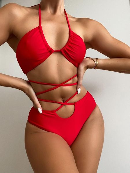 women's swimwear brazilian bikini 2021 woman red halter strap cross 2 pieces set high waist swimsuit women beach wear bathing suit, White;black
women's swimwear brazilian bikini 2021 woman red halter strap cross 2 pieces set high waist swimsuit women beach wear bathing suit, White;black