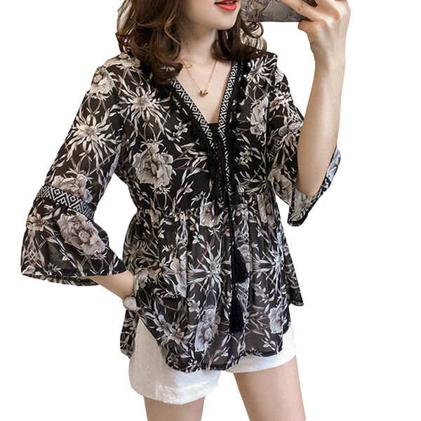 2021 new v-neck print chiffon shirts plus size tassel fashion women summer blouses flare sleeve 4xl thin casual female shirt lj2257 4kwf, Black
2021 new v-neck print chiffon shirts plus size tassel fashion women summer blouses flare sleeve 4xl thin casual female shirt lj2257 4kwf, Black