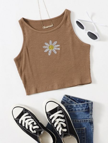 rhinestone floral crop tank w70u#, White