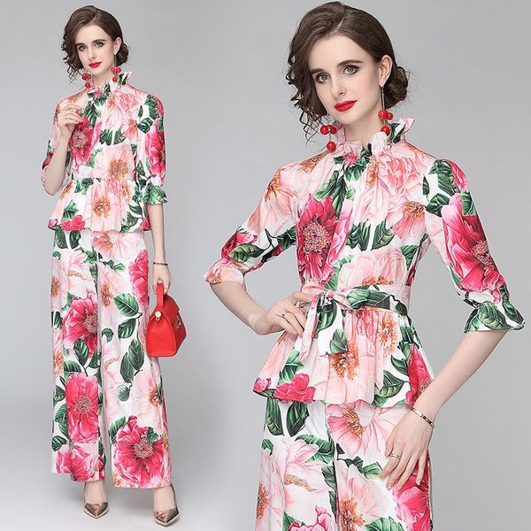 women's two piece pants wtianyuw 2021 summer runway fashion suits women loose flower print and wide leg sets, White
women's two piece pants wtianyuw 2021 summer runway fashion suits women loose flower print and wide leg sets, White