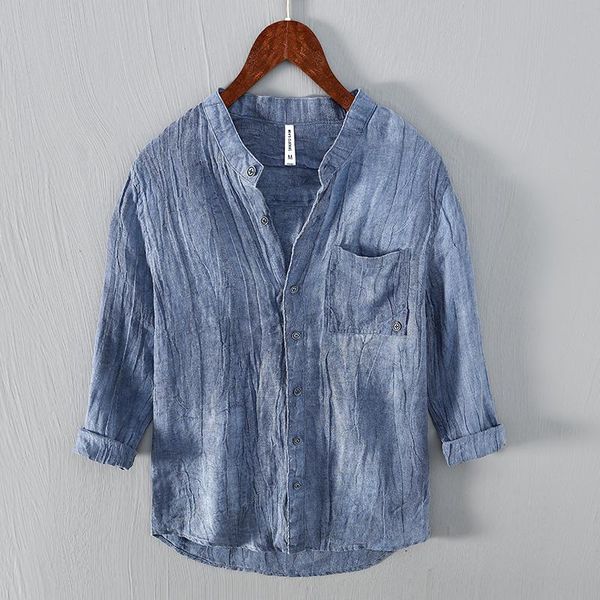 men's casual shirts linen three-quarter sleeve stand collar summer blue shirt men solid comfortable flax for chemise camisa, White;black