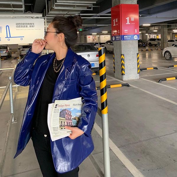 women's suits & blazers 2021 streetwer glossy blue patent leather jacket spring autumn street fashion loose pu coat women a993, White;black
women's suits & blazers 2021 streetwer glossy blue patent leather jacket spring autumn street fashion loose pu coat women a993, White;black