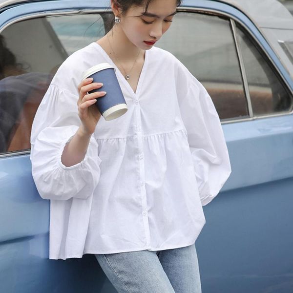 women's blouses & shirts japanese style autumn 2021 fashion loose blouse solid color v-neck casual lantern sleeve simplicity temperamen, White
women's blouses & shirts japanese style autumn 2021 fashion loose blouse solid color v-neck casual lantern sleeve simplicity temperamen, White