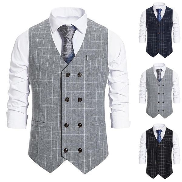 men's vests plaid double-breasted business work fashion casual suit vest blazer autumn spring vintage clothing, Black;white
men's vests plaid double-breasted business work fashion casual suit vest blazer autumn spring vintage clothing, Black;white