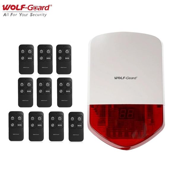 wolf-guard wireless outdoor alarm siren 110db home security alarm burglar system host kit with 10 remote controller 433mhz
wolf-guard wireless outdoor alarm siren 110db home security alarm burglar system host kit with 10 remote controller 433mhz