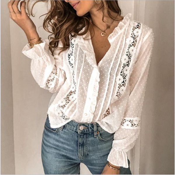 women womens blouses elegant ruffle hollow out long sleeve crochet flower dots lantern shirts drop, White
women womens blouses elegant ruffle hollow out long sleeve crochet flower dots lantern shirts drop, White