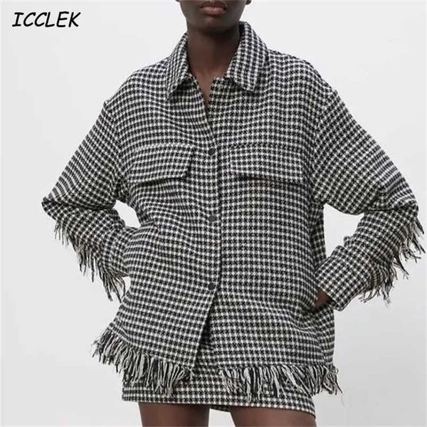 za women shirts oversize houndstooth jacket coats with pocket female vintage plaid jacket spring tassel coat trf mujer 220114, Black;brown
za women shirts oversize houndstooth jacket coats with pocket female vintage plaid jacket spring tassel coat trf mujer 220114, Black;brown