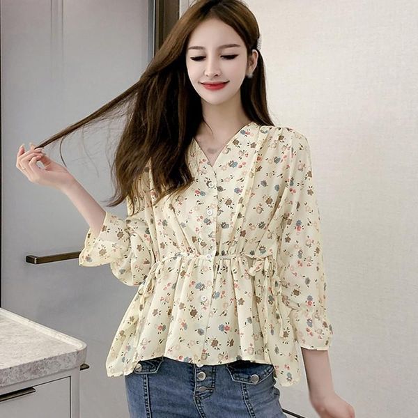 women's blouses & shirts sweet chiffon blouse women fashion floral print long sleeve shirt female v-neck, White 
women's blouses & shirts sweet chiffon blouse women fashion floral print long sleeve shirt female v-neck, White