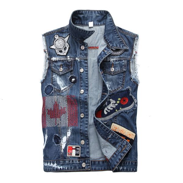 2021 new european and american men's male casual embroidery stamping locomotive denim vest slim micro-chapter punk jacket mo11, Black;white
2021 new european and american men's male casual embroidery stamping locomotive denim vest slim micro-chapter punk jacket mo11, Black;white