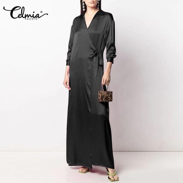 casual dresses women turn-down collar maxi dress celmia 2021 fashion elegant satin silk wrapped vestidos party long sleeve robes, Black;gray 
casual dresses women turn-down collar maxi dress celmia 2021 fashion elegant satin silk wrapped vestidos party long sleeve robes, Black;gray