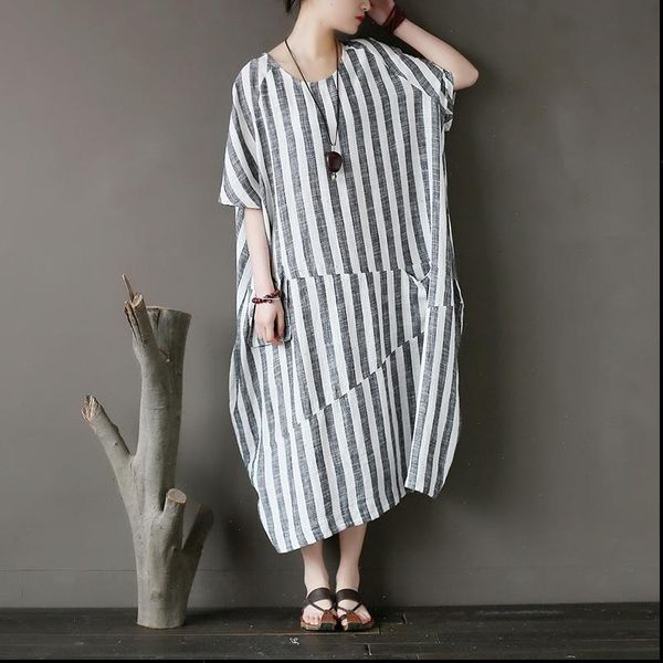 original personality stitching stripe dress sleeve long cotton and linen dress loose oversized linen robe summer, Black;gray
original personality stitching stripe dress sleeve long cotton and linen dress loose oversized linen robe summer, Black;gray