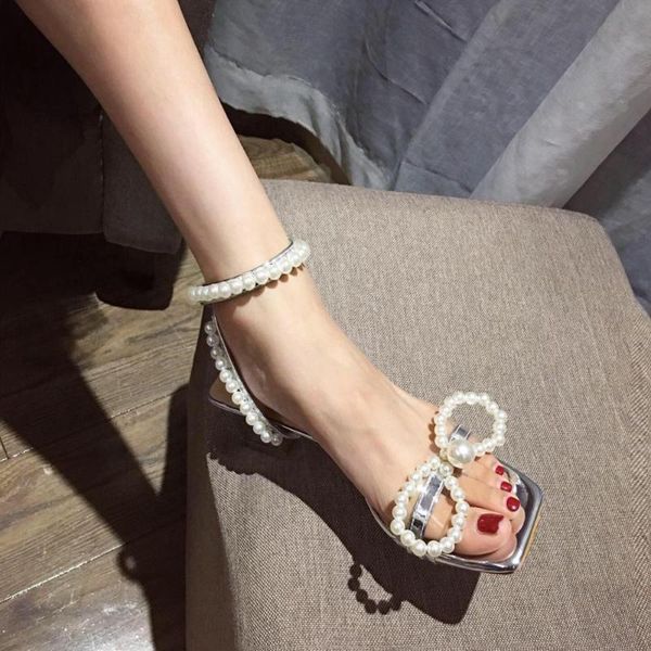 handmade string bead silver patchwork clear sandals women pearl bow-knot square toe sandalias thick high heels party shoes woman, Black 
handmade string bead silver patchwork clear sandals women pearl bow-knot square toe sandalias thick high heels party shoes woman, Black