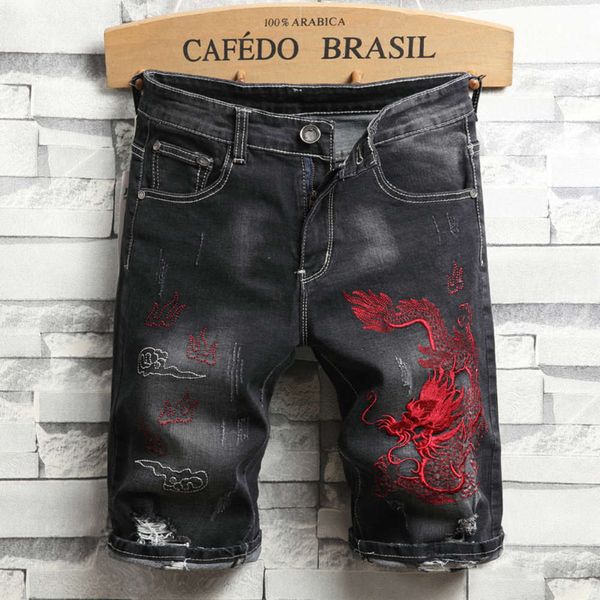 summer black dragon embroidered denim shorts men's elastic thin capris holed loose horse pants, Blue
summer black dragon embroidered denim shorts men's elastic thin capris holed loose horse pants, Blue