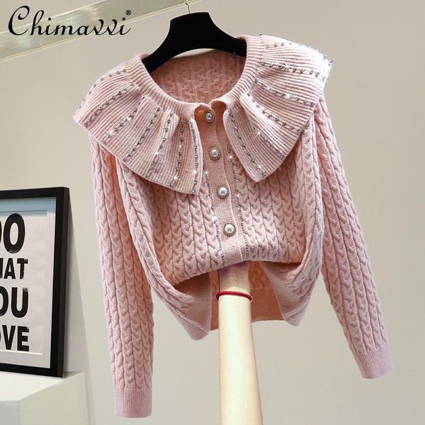 women's knits & tees exquisite rhinestone long sleeve sweater 2021 autumn winter korean fashion slimming twist doll collar casual cardi, White 
women's knits & tees exquisite rhinestone long sleeve sweater 2021 autumn winter korean fashion slimming twist doll collar casual cardi, White