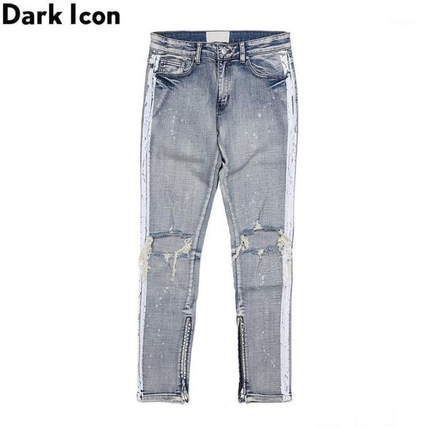 men's jeans dark foil paint splatter side stripe ripped men ankle zipper high street denim pants, Blue
men's jeans dark foil paint splatter side stripe ripped men ankle zipper high street denim pants, Blue