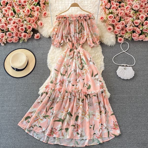 summer pink floral chiffon long dress women slash neck short puff sleeve high waist ruffle maxi robe female vestidos 2021, Black;gray
summer pink floral chiffon long dress women slash neck short puff sleeve high waist ruffle maxi robe female vestidos 2021, Black;gray