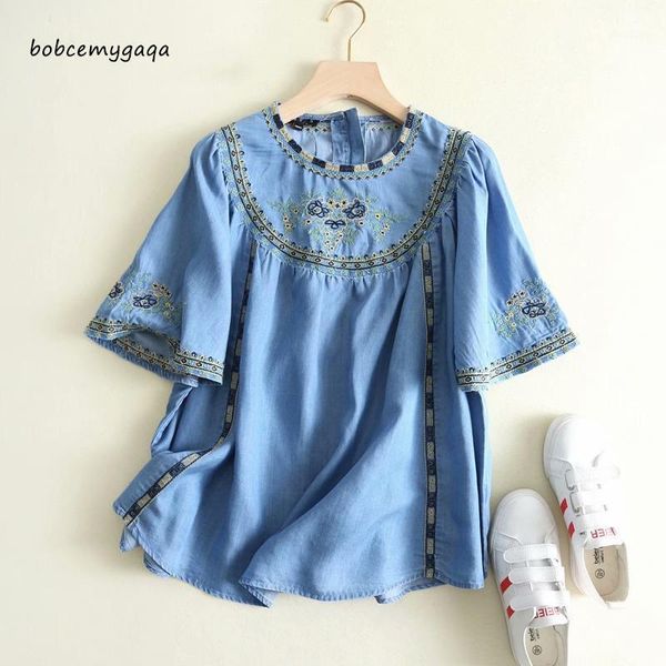 loose embroidery denim blouse women high waist pleated jeans short sleeve floral soft blue light cotton women's blouses & shirts, White
loose embroidery denim blouse women high waist pleated jeans short sleeve floral soft blue light cotton women's blouses & shirts, White