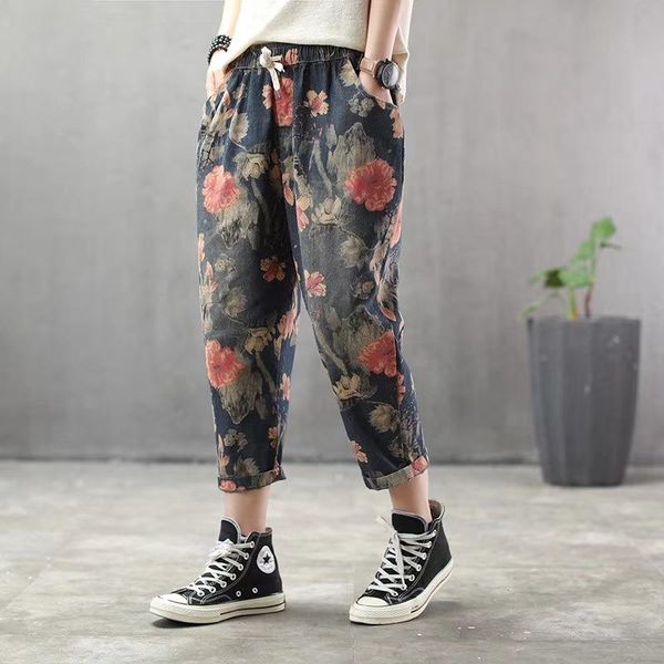 summer jeans women retro loose denim pants 2021 new female elastic waist bowtie pocket print flower vintage denim trousers, Blue
summer jeans women retro loose denim pants 2021 new female elastic waist bowtie pocket print flower vintage denim trousers, Blue