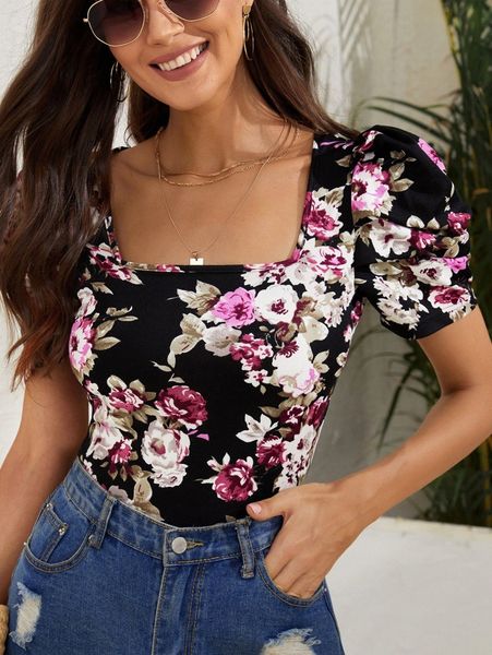 floral print square neck puff sleeve 45cl#, White