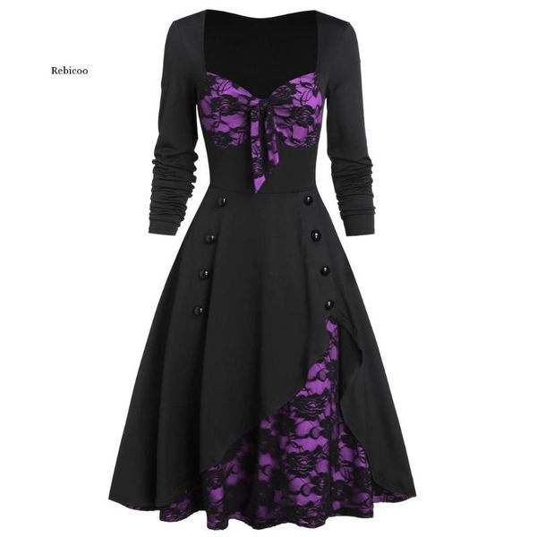 casual dresses fashion women plus size long sleeved party dress flower lace insert mock button bowknot vintage vestidos costumes, Black;gray
casual dresses fashion women plus size long sleeved party dress flower lace insert mock button bowknot vintage vestidos costumes, Black;gray