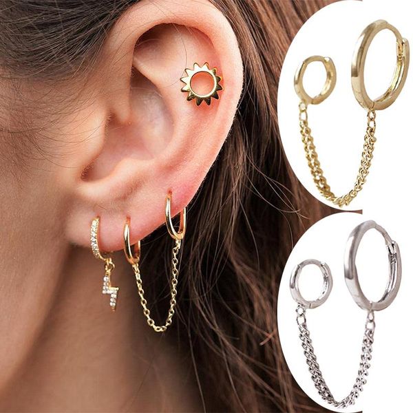hoop & huggie 1 pc double piercing earrings cuff chain dangle women men street trendy simple jewelry gifts, Golden;silver 
hoop & huggie 1 pc double piercing earrings cuff chain dangle women men street trendy simple jewelry gifts, Golden;silver