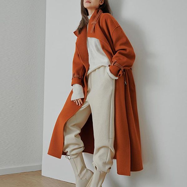 women's wool & blends 2021 autumn winter double-faced coat fashion stand collar long with belt women temperament solid overcoat, Black
women's wool & blends 2021 autumn winter double-faced coat fashion stand collar long with belt women temperament solid overcoat, Black