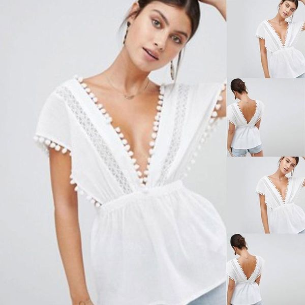 women's t-shirt women summer solid color v neck lace stitching hollow backless ladies casual short sleeve pullover, White
women's t-shirt women summer solid color v neck lace stitching hollow backless ladies casual short sleeve pullover, White
