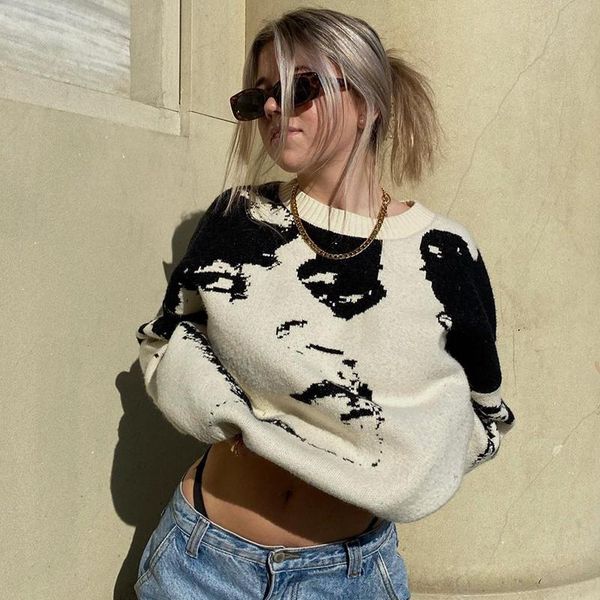 women's sweaters women trendy round neck knitwear stylish portrait print long sleeve loose knitted pullover, White;black
women's sweaters women trendy round neck knitwear stylish portrait print long sleeve loose knitted pullover, White;black