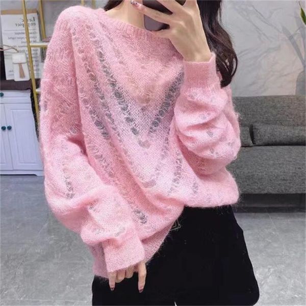 women's sweaters 2021 pink mohair pullover knitted sweater women spring loose large size see-through cute thin section h966, White;black
women's sweaters 2021 pink mohair pullover knitted sweater women spring loose large size see-through cute thin section h966, White;black