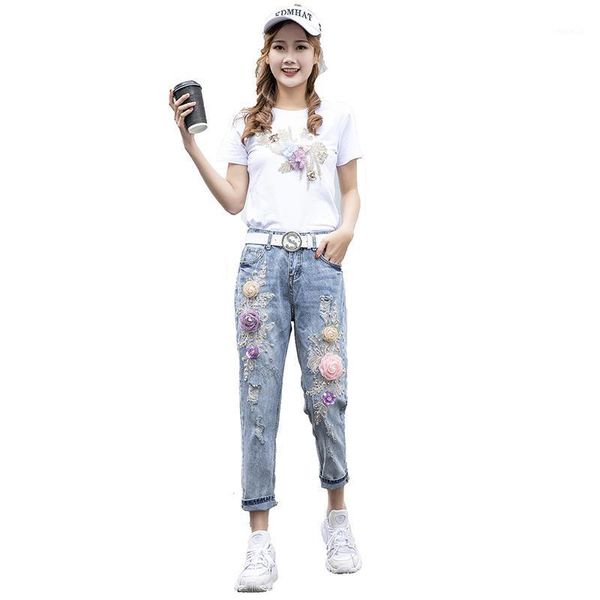 european women spring summer set sequins flower short-sleeved t-shirt + hole embroidered nine points jeans suit women's tracksuits, Gray
european women spring summer set sequins flower short-sleeved t-shirt + hole embroidered nine points jeans suit women's tracksuits, Gray