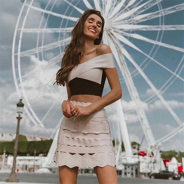 two piece dress off shoulder short crop knitted striped bandage 2 pieces sets women bodycon hollow out mini skirts, White