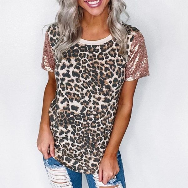 women's t-shirt summer contrast leopard print base women sequin female short sleeve o-neck, White
women's t-shirt summer contrast leopard print base women sequin female short sleeve o-neck, White