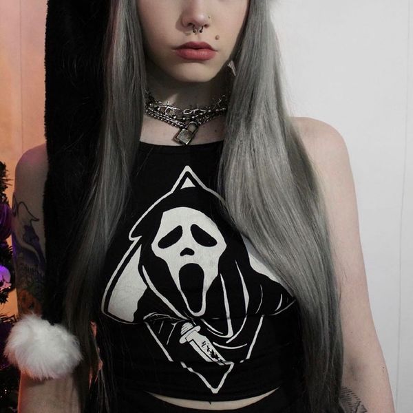 women grim reaper printed slim halter camisole gothic dark bodycon backless tank fashion summer street vest, White
women grim reaper printed slim halter camisole gothic dark bodycon backless tank fashion summer street vest, White