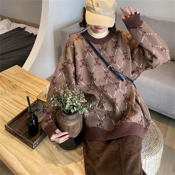 women's sweaters women vintage bear plaid 2021 autumn winter long sleeve oversize knit sweater o-neck warm thick streetwear pullover, White;black
women's sweaters women vintage bear plaid 2021 autumn winter long sleeve oversize knit sweater o-neck warm thick streetwear pullover, White;black