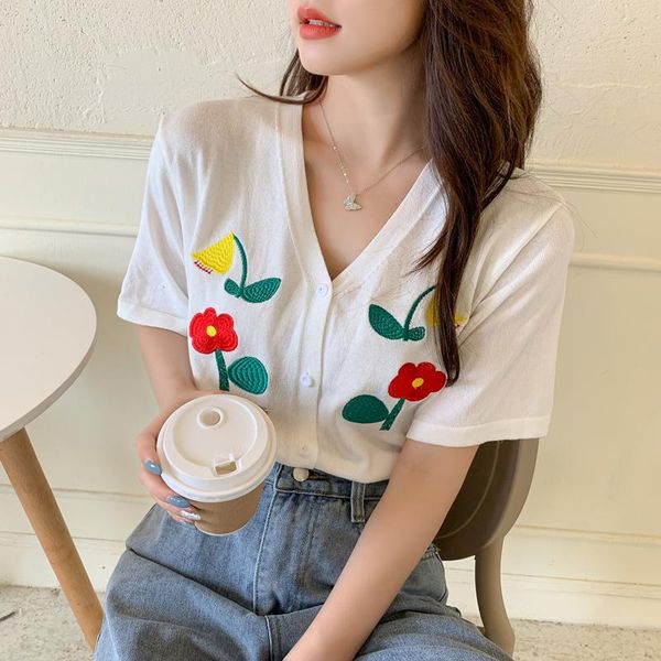 women's t-shirt stylish little fresh ice silk v collar embroidered floral short sleeve knit sweater summer loose cardigan t shirt, White
women's t-shirt stylish little fresh ice silk v collar embroidered floral short sleeve knit sweater summer loose cardigan t shirt, White