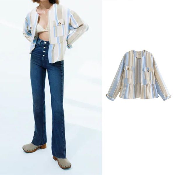 women's jackets women 2021 fashion round neck linen stripe long sleeve outerwear office lady chic pockets ruffle hem jacket coat, Black;brown
women's jackets women 2021 fashion round neck linen stripe long sleeve outerwear office lady chic pockets ruffle hem jacket coat, Black;brown