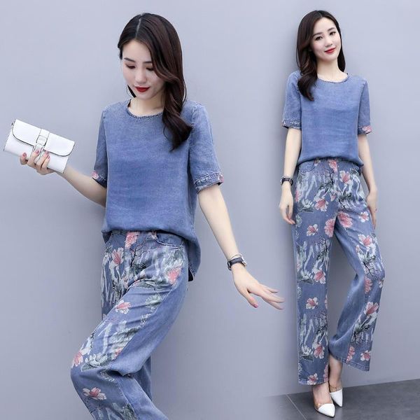women's jeans summer womens clothing , female wide leg floral printed denim trousers set 2 pieces high waisted pants for woman, Blue
women's jeans summer womens clothing , female wide leg floral printed denim trousers set 2 pieces high waisted pants for woman, Blue